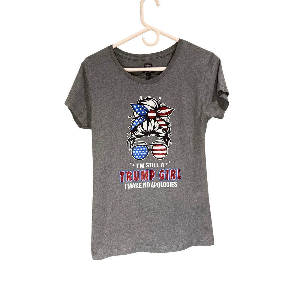 EAG Ladies Trump Girl Graphic T-Shirt Heather Grey Glitter Patriotic Size M